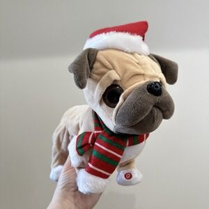 Gemmy Animated Singing Jumping Christmas Pug Dog RARE Hat Scarf 12"